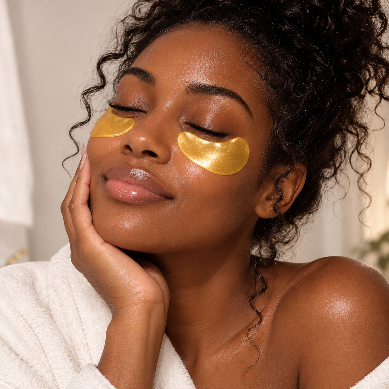 Woman wearing 24K gold under-eye masks