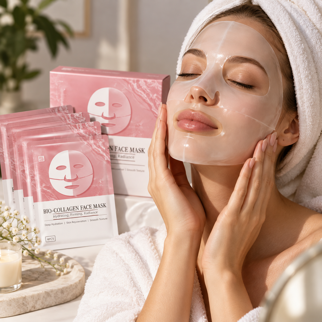 Woman relaxing while wearing the GlowCollagen face mask
